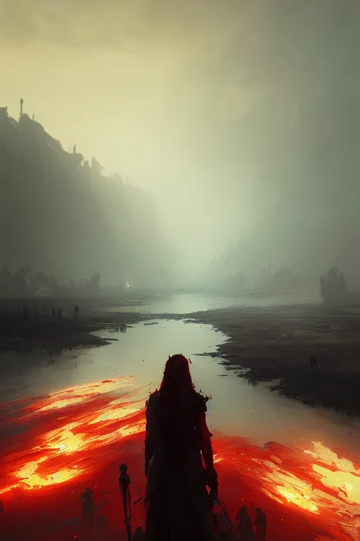 Image similar to bloody river in hell, by greg rutkowski, people walking into the horizon, trending on artstation