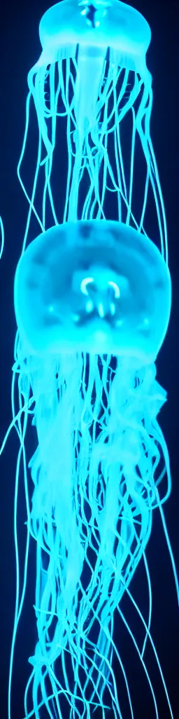 Image similar to a deep sea translucent bioluminescent jellyfish glowing indigo, black backgroud, hyperrealistic, extremely detailed, 8 k underwater photography