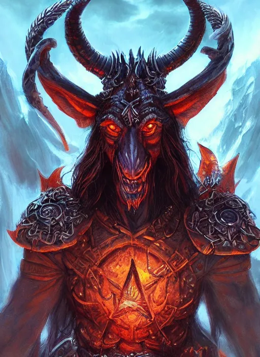 Image similar to baphomet, ultra detailed fantasy, dndbeyond, bright, colourful, realistic, dnd character portrait, full body, pathfinder, pinterest, art by ralph horsley, dnd, rpg, lotr game design fanart by concept art, behance hd, artstation, deviantart, hdr render in unreal engine 5