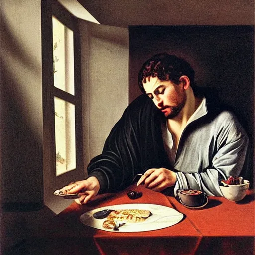 Image similar to sleepy dude, eating breakfast and scrolling twitter on his iPhone. In style of Caravaggio