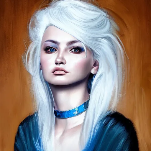 Image similar to a painting of a woman with white hair, white and gold clothes, a character portrait by pogus caesar, featured on cgsociety, photorealism, detailed painting, artstation hd, ultra detailed