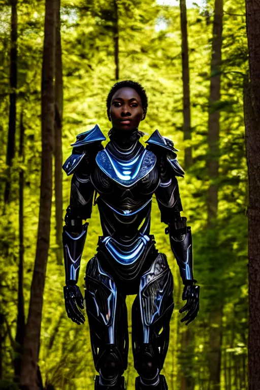 Prompt: hyperrealistic mithra goregous black woman exoskeleton armor in a forest sun behind her concept art eric zener elson peter cinematic side soft yellow light low angle hd 8k sharp shallow depth of field
