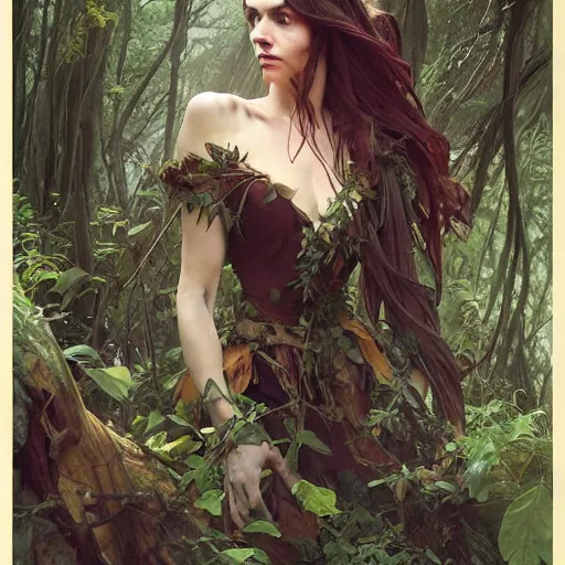 Prompt: Green Witch in the forest nature unity, gardens, detailed plant life, high detail facial features, art by artgerm and greg rutkowski and alphonse mucha