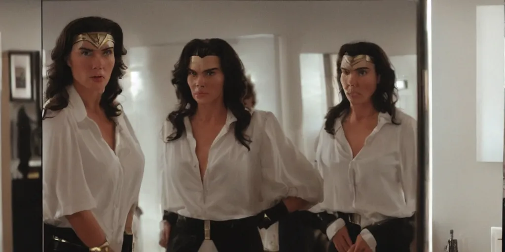 Image similar to ultra wide angle photo of will ferrel dressed in a white blouse and black dress pants looking at himself in a bathroom mirror and seeing his reflection as wonder woman