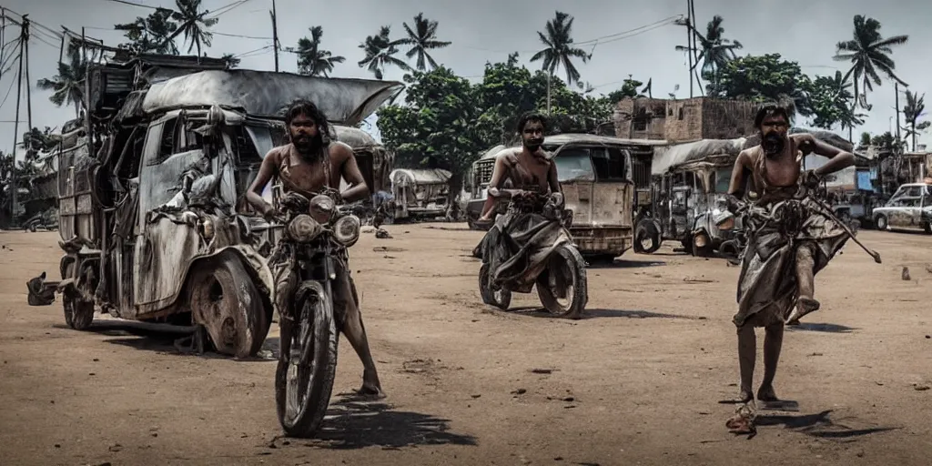 Image similar to sri lankan mad max style, city streets, film still, epic shot cinematography, rule of thirds