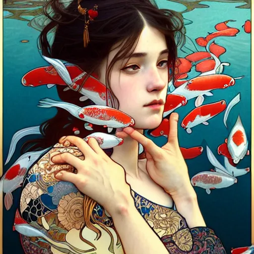 Prompt: Portrait of a girl surrounded by Koi fish, face, fantasy, intricate, elegant, highly detailed, digital painting, artstation, concept art, smooth, sharp focus, illustration, art by Pauline Voß and Artem Demura and alphonse mucha