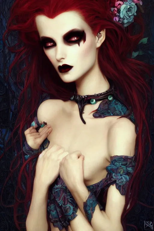 Prompt: androgynous vampire, flowerpunk, trending on art station, by brom, mucha, artgerm, natalie shau