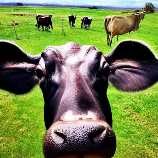 Image similar to selfie stick photo of a cow and it's hippopotamus best friend