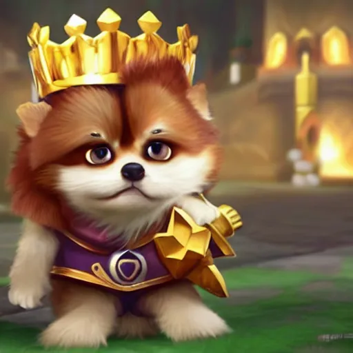 Image similar to a proud corki reigns as king, hyperrealistic