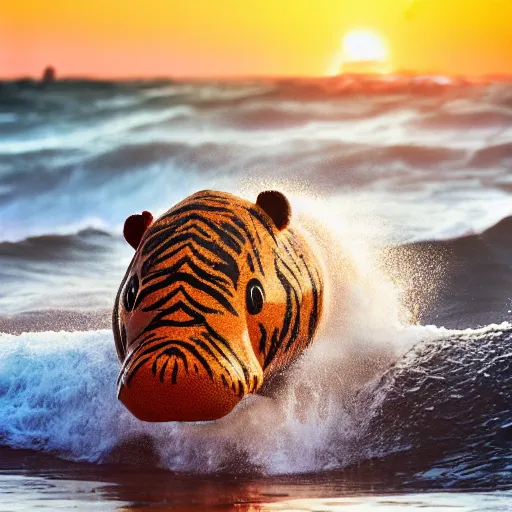 Prompt: a closeup photorealistic photograph of a cute smiling knitted tiger hippopotamus riding an epic wave at sunset. surf in the background. professional capture. brightly lit scene. this 4 k hd image is trending on artstation, featured on behance, well - rendered, extra crisp, features intricate detail, epic composition and the style of unreal engine.