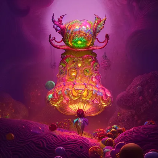 Image similar to candy iridescent creature in candyland, backlit, warm tones, bioluminescent : by michal karcz, daniel merriam, victo ngai and guillermo del toro : ornate, dynamic, particulate, intricate, elegant, highly detailed, centered, artstation, smooth, sharp focus, octane render