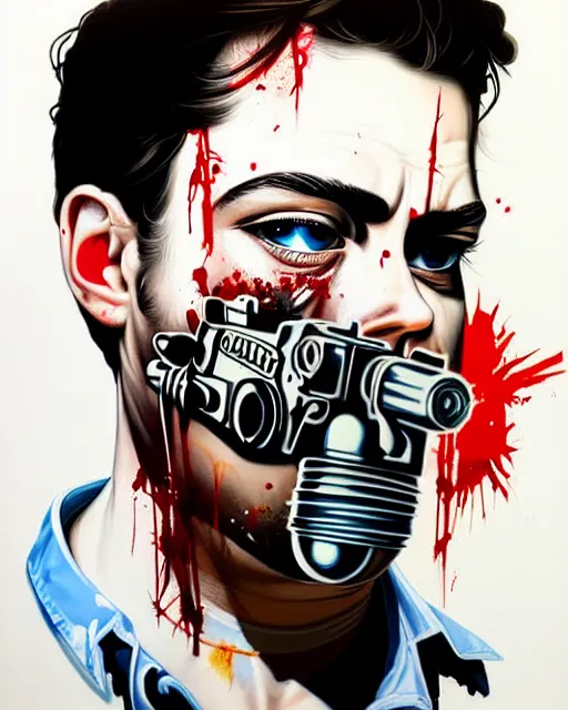 Image similar to portrait of a man wearing oxygen mask, has a gun, blood, a pistol with sea background intricate details with horror side profile by Sandra Chevrier