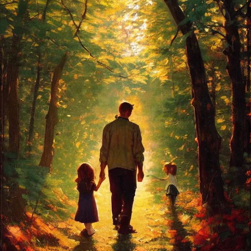 Image similar to A painting of a father and daughter walking through a beautiful forest holding hands, brunette hair, golden hour, art by Kenne Gregoire and Krenz Cushart, Norman Rockwell trending on artstation