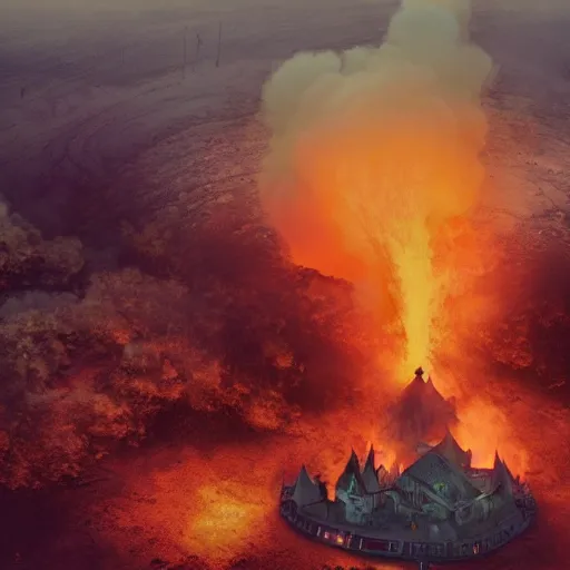 Image similar to a royal grand medieval castle on fire, on top of a hill, birds eye view from a distance, intense smoke, burning down, intense flames, center focus, landscape by simon stalenhag, rendered by beeple, by makoto shinkai, digital art