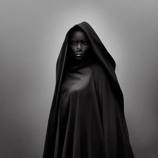 Image similar to a portrait of a young black woman wearing a long dark cloak, hood and shadows covering face, anatomically correct, beautiful perfect face, enigmatic, oil painting, matte painting, black background, Volumetric dynamic lighting, Highly Detailed, Cinematic Lighting, Unreal Engine, 8k, HD, by Beksinski