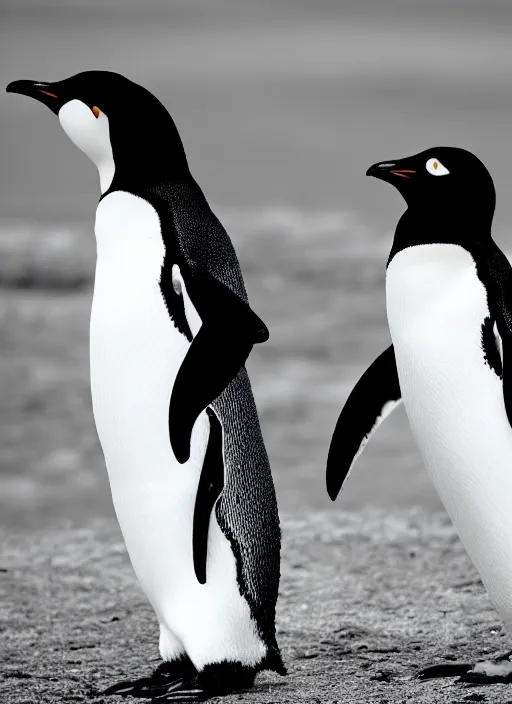 Prompt: two penguins black and white portrait white sky in background