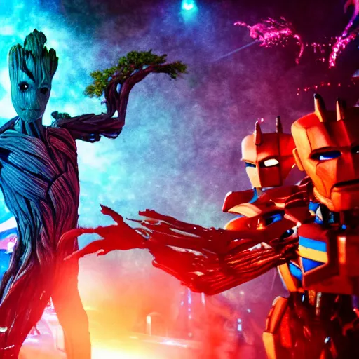 Prompt: groot and optimus prime dancing at techno party among people, wide shoot, octane render, ultra realistic
