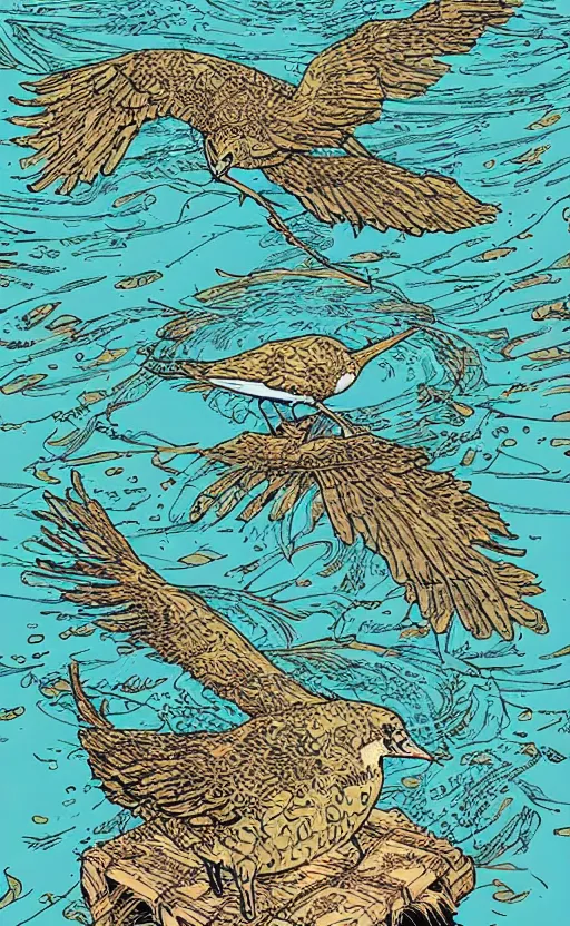 Prompt: bird swimming on its back, view from above, river, peaceful, by Geof Darrow and James Jean,