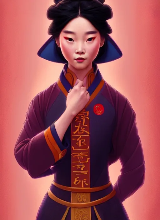 Image similar to portrait of disney mulan, intricate, elegant, highly detailed, my rendition, digital painting, artstation, concept art, smooth, sharp focus, illustration, art by artgerm and greg rutkowski and alphonse mucha and uang guangjian and gil elvgren and sachin teng, symmetry!!