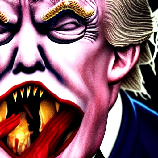 Prompt: donald trump dracula, fangs, character portrait, close up, concept art, intricate details, hyper realistic, in the style of otto dix and h. r giger