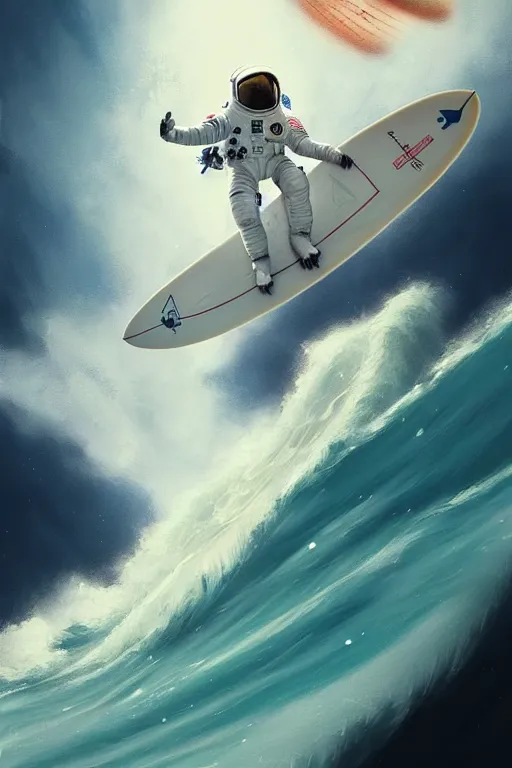 Image similar to a beautiful digital painting of an astronaut in a white space suit surfing the great wave on a surfboard by greg rutkowski, photorealistic, trending on artstation, octane render