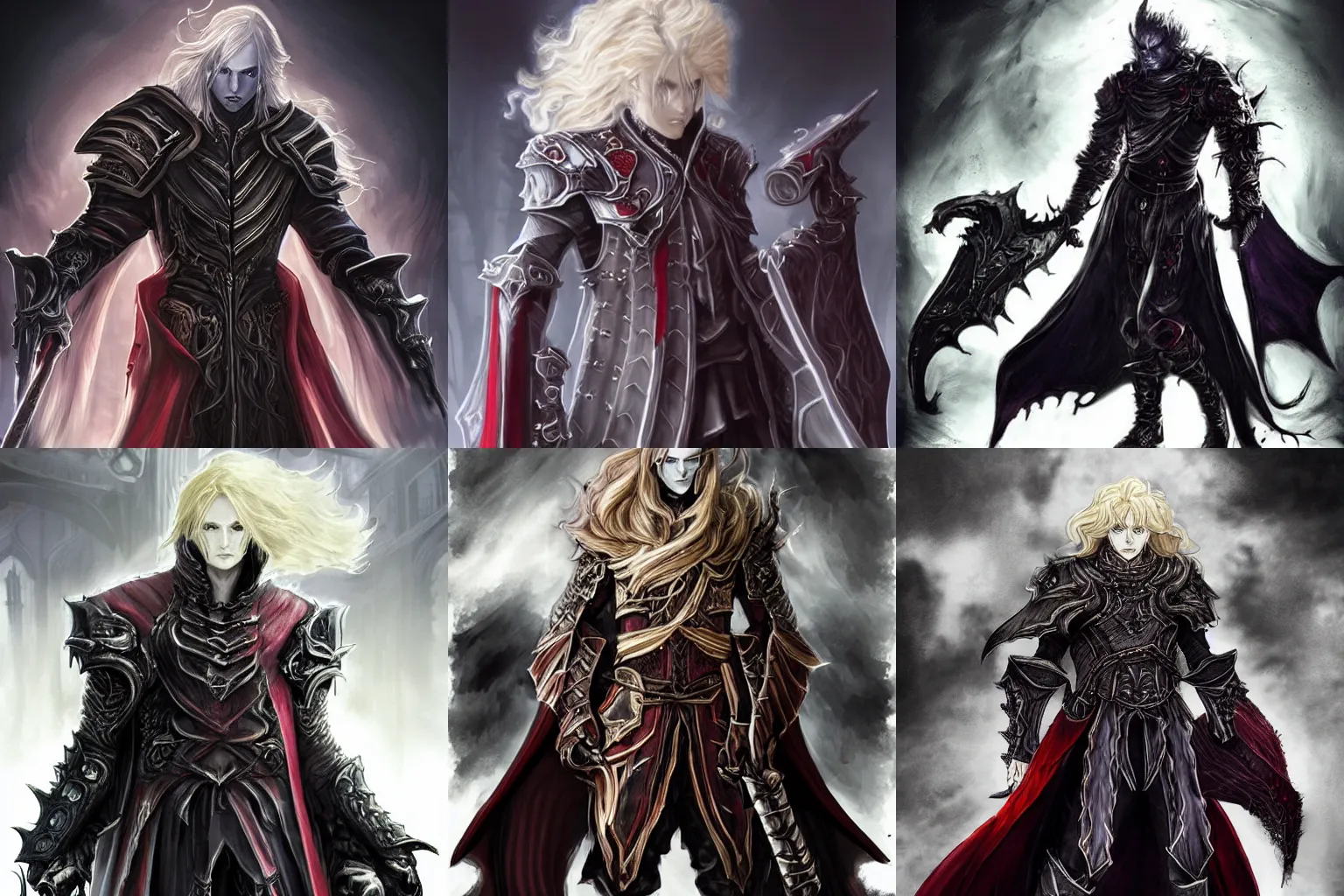 Prompt: blond long curly haired Lucius bloodborne concept art, dramatic darkness, handsome young vampire prince mega evil lv99 praetorian raid boss, jagged black armor with long red tabard, soft focus