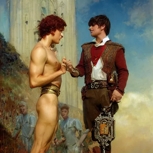 Image similar to attractive arthur pendragon confesses his love to attractive merlin. highly detailed painting by gaston bussiere, craig mullins, j. c. leyendecker 8 k