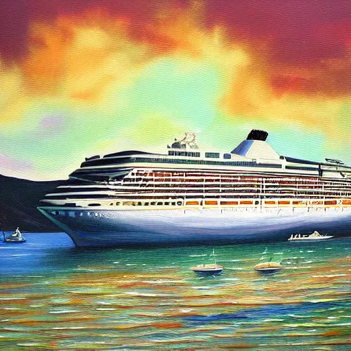 Prompt: an awesome painting with cruise ship by peter klasen