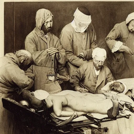 Prompt: shikki funereal by walter langley. a beautiful conceptual art of a team of surgeons gathered around a patient on an operating table, with one surgeon in the process of cutting into the patient's chest. the conceptual art is full of intense colors & brushstrokes, conveying the urgency & intensity of the surgery.