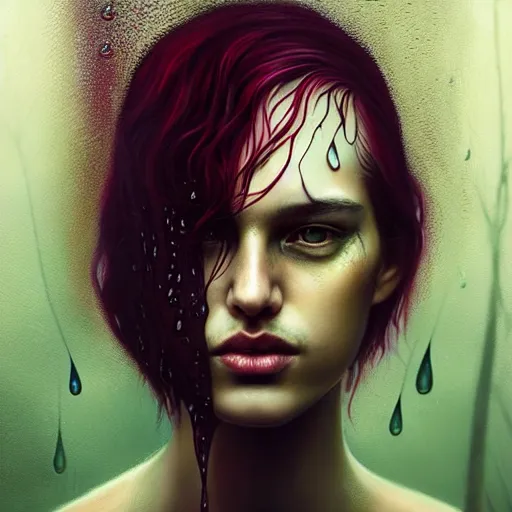 Prompt: dramatic asthetic portrait of LSD in rain with wet hair and face, liquid, fantasy, intricate, elegant, dramatic lighting, highly detailed, lifelike, photorealistic, digital painting, artstation, illustration, concept art, smooth, sharp focus, art by John Collier and Albert Aublet and Krenz Cushart and Artem Demura and Alphonse Mucha