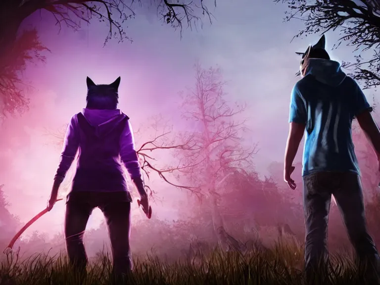 Prompt: purple haired man with cat ears, blue hoodie, facing away from camera in dead by daylight with hook, moody lighting