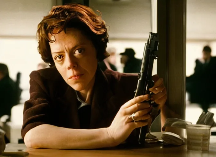 Prompt: cinematic portrait of olivia coleman holding up a heavy glock handgun in her left hand, standing paranoid in classic diner, scene from the tense thriller film ( 2 0 0 1 ) directed by spike jonze, hyper - detailed face dramatic backlit window, volumetric hazy lighting, moody cinematography, 3 5 mm kodak color film, anamorphic wide angle lens