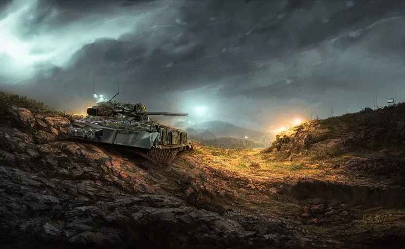 Prompt: a Leopard 2 in the mountain at night by Paul Chadeisson, blue headlights, dark image, stormy weather, landscape, military outpost, spotlights, atmospheric, artstation, concept art, illustration, sharp focus, high detail, octane render, intimidating