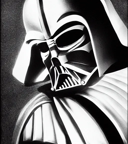 Prompt: a closeup black-and-white portrait of Darth Vader by Craig Mullins; extraordinary-masterpiece; realistic-lighting; 90mm; f/1.4