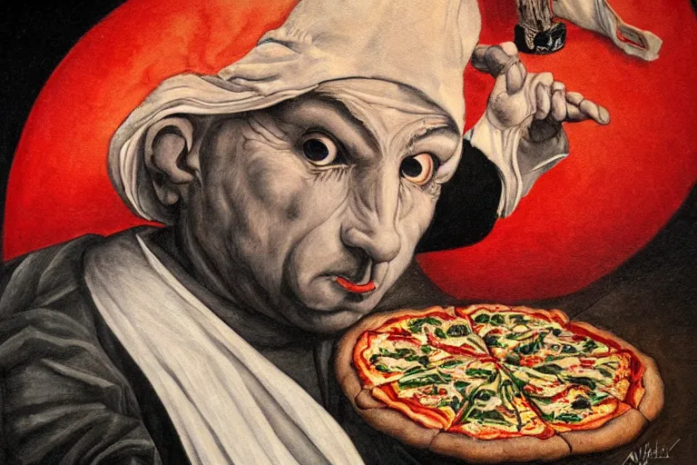 Image similar to a highly detailed portrait of pulcinella!!! from naples with a pizza!!, a burning volcano in the background, an ultrafine detailed painting by achille superbi, dark mood, trending on deviantart, whimsical, lowbrow, coherent, sharp focus, octane, masterpiece