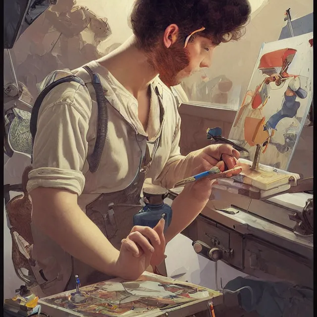 Image similar to mechanical artist painting a self - portrait on a canvas. intricate, highly detailed, digital matte painting, in the style of alexandros pyromallis, and in the style of sachin teng, and in the style of hans thoma, and in the style of gil elvgren. irony, recursion, inspiration.