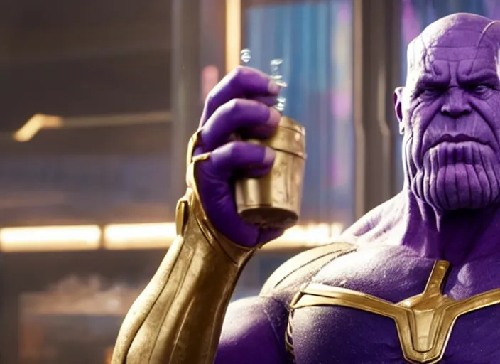 Image similar to film still of Thanos as a baristaat Starbucks in Avengers Infinity War, 4k