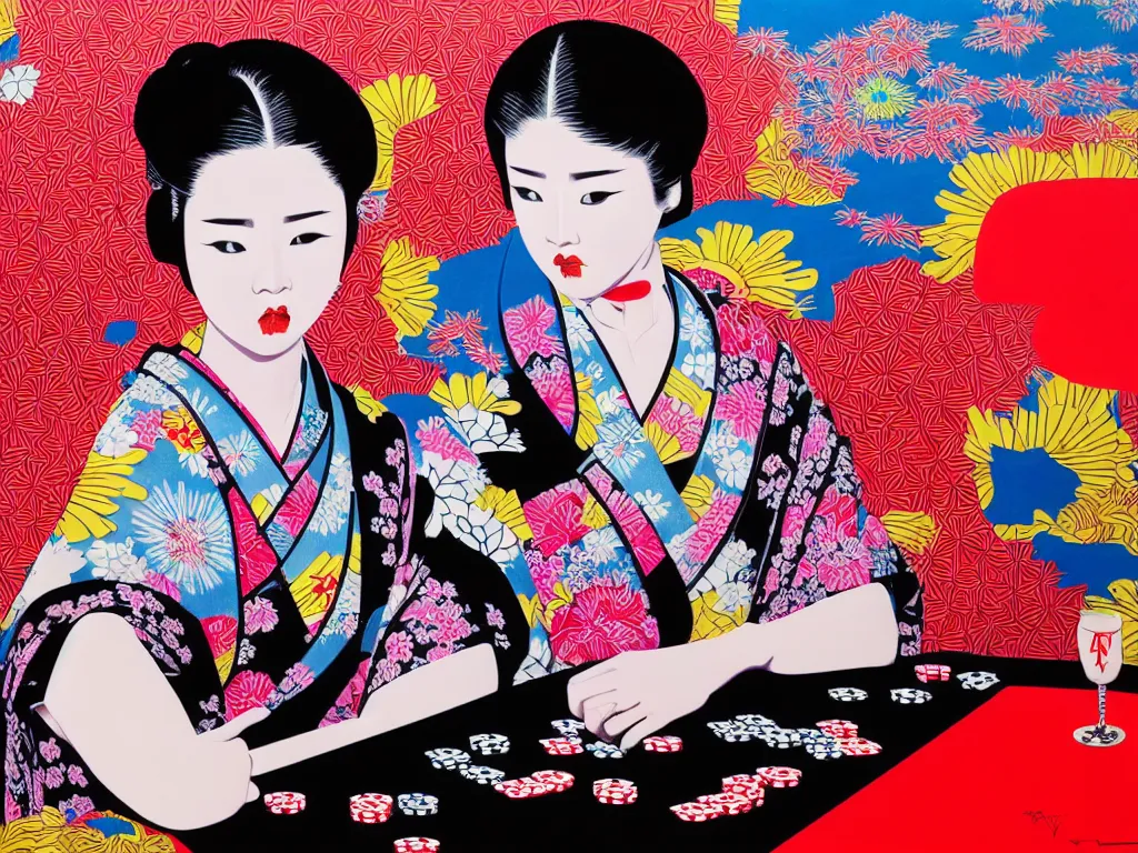 Image similar to hyperrealistic composition of the detailed woman in a japanese kimono sitting at a extremely detailed poker table with detailed darth vader, fireworks, mount fuji on the background, pop - art style, jacky tsai style, andy warhol style, acrylic on canvas