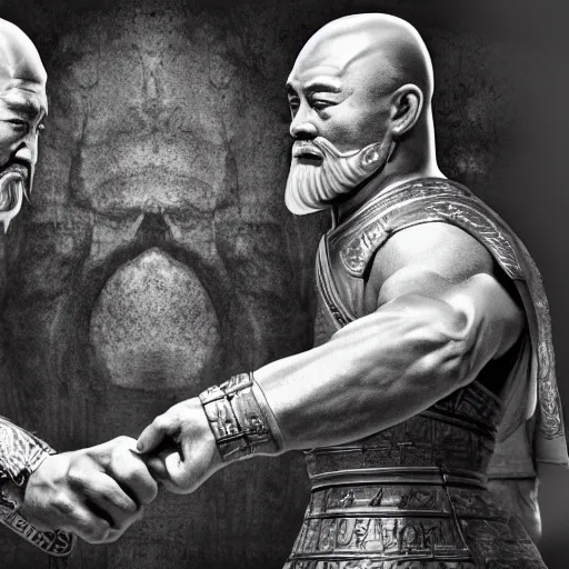 Image similar to Genghis Khan and Scipio Africanus having an arm wrestle, concept art, digital art, 8k photography, cinematic