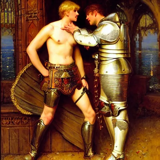 Image similar to attractive fully clothed arthur pendragon confesses his love for his attractive fully clothed male knight. highly detailed painting by gaston bussiere and j. c. leyendecker 8 k