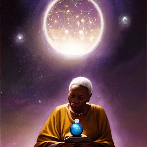 Image similar to an elder african psychic woman reading her crystal ball while holding a book of spells under a meteor shower, greg rutkowski and android jones and amanda sage, oil on canvas, 8k