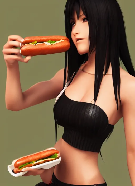 Prompt: Tifa from Final Fantasy eating a hotdog. 3D blender render, digital art, 8k