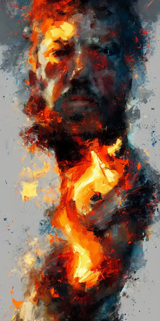 Prompt: abstrsct painting of man on fire, by craig mullins, featured on artstation. Portrait.