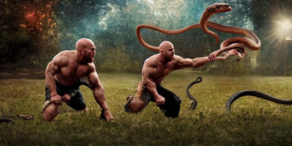 Image similar to The Ryback fighting a snake outdoors, hyperrealistic, photorealistic, ultra hd, cinematic lighting, award-winning, 4k, beautiful color, high quality, high textured, lens flare