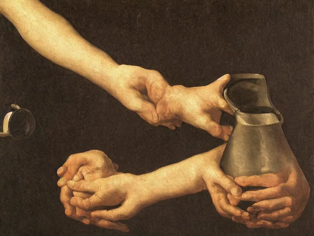 Image similar to Close up of hands holding a water jug. Painting by Zurbaran.