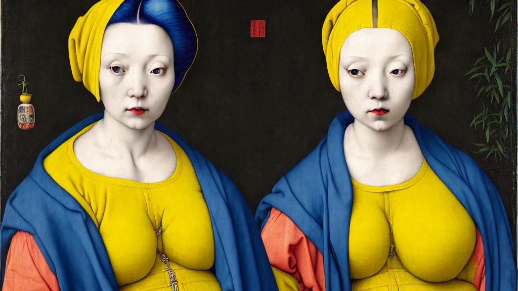 Image similar to portrait of a curvy woman with blue hair buns, wearing a yellow hoodie, standing in a botanical garden, intricate details, high detail, in the style of rogier van der weyden and jacopo da pontormo, by mark ryden, punk, asian art,