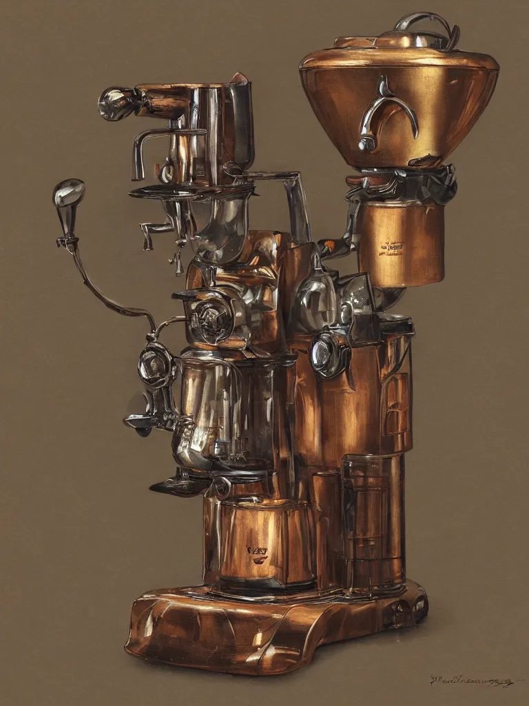 Prompt: product photography of an ancient coffee machine, by Simon Stalenhaag, by Yoshita Amano, by Esao Andrews, sharp focus, fresh colors, conceptart, trending on artstation