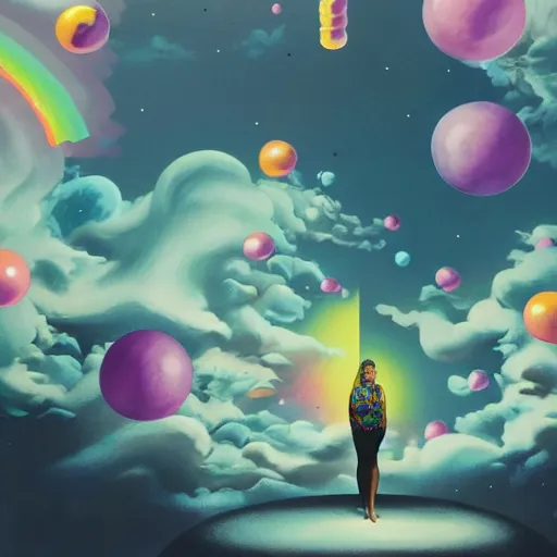 Image similar to surreal gouache painting, clouds, vaporwave marble statue, ruan jia, conrad roset, bubbles, orbs, incredibly detailed, floating molecules and a mannequin artist holding an icosahedron with stars, clouds, and rainbows in the background, retrowave, modular patterned mechanical costume headpiece, masterpiece, intricate, elegant