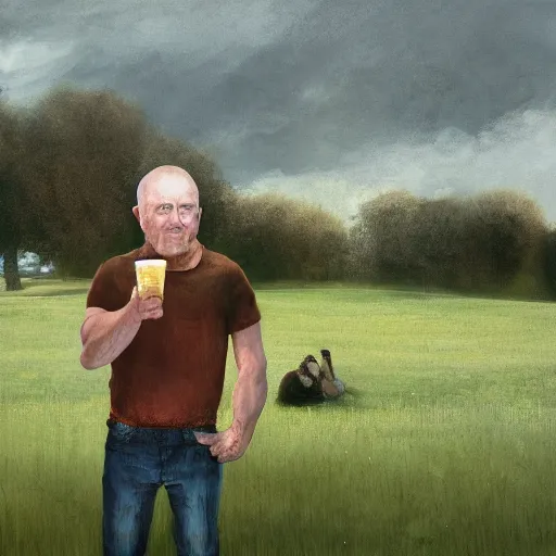 Image similar to a Scottish man holding a pint of beer in the middle of an empty field, In the back ground of the frame is a beautiful landscape., physically accurate, dynamic lighting, intricate, elegant, highly detailed, digital painting, very very ralph steadman, Hieronymus Bosch, Francis Bacon, concept art, smooth, sharp focus, illustration