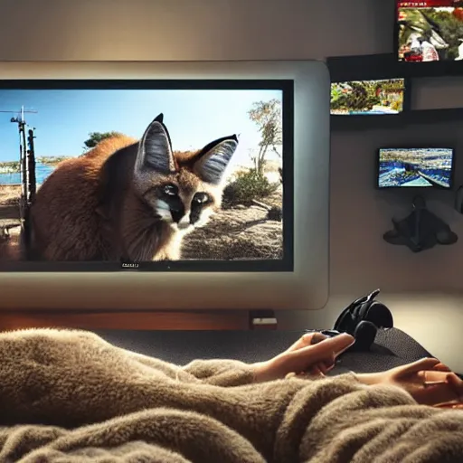 Image similar to view from behind from bed of a cute fluffy caracal wearing headset watching big tv displaying world of tanks, intricate detail, cinematic composition